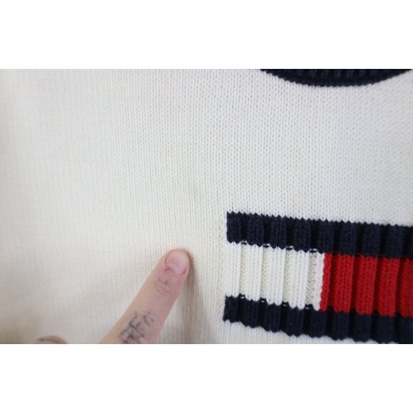 Vintage 90s Y2K Tommy Hilfiger Womens M Babydoll Center Logo Knit Sweater Cream - Picture 5 of 13